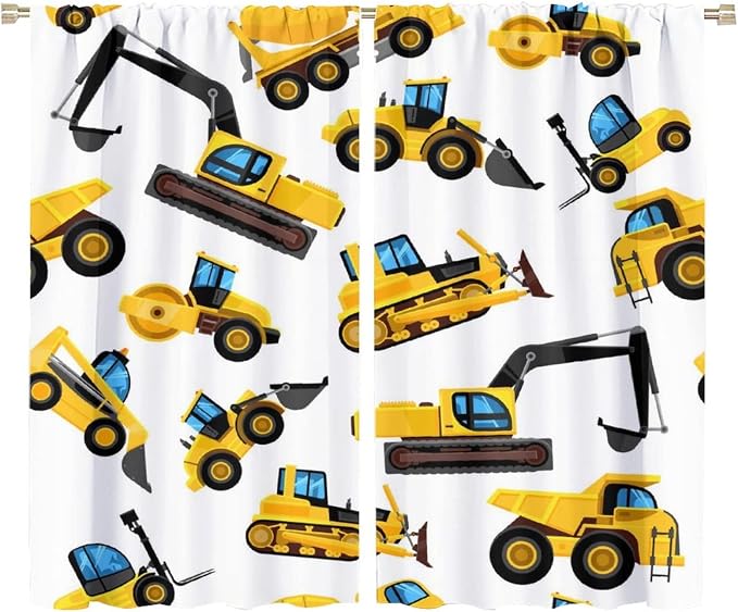 Kids Construction Equipment Window Curtains, Excavator Tractor Tow Truck Rod by SHElifestyle