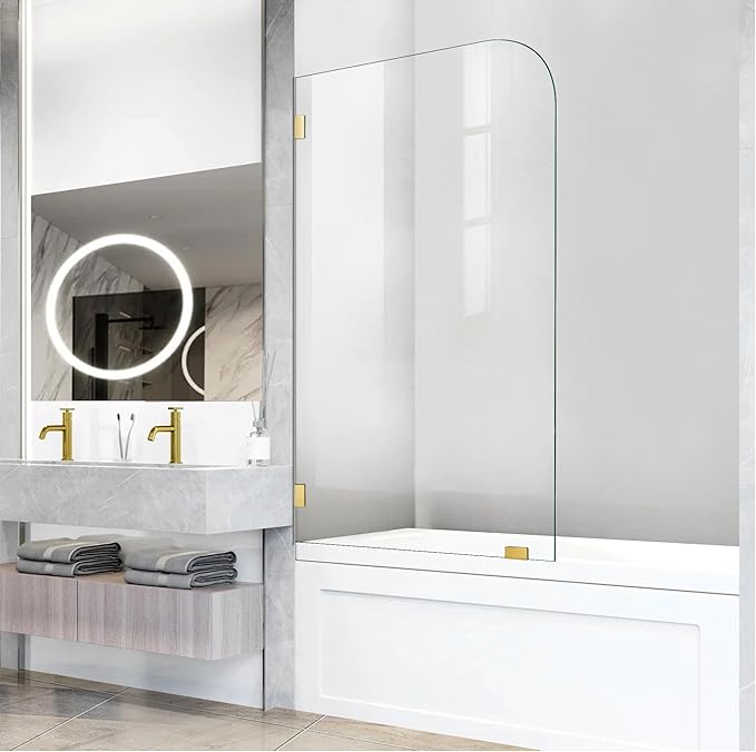 Bathtub Shower Door, 30" W X 58" H Fixed Tub Glass Panel with Clamps, 1/4"(6mm) Clear Tempered Frameless Shower Glass Door, Tub Shower Doors in Brushed Gold