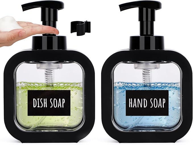 Segbeauty 10.1oz Black Foaming Soap Dispenser, 2pcs 300ml Square Refillable Dish Soap Foam Dispenser for Kitchen Cleaning, Empty Bathroom Shampoo Body Wash Foam Soap Pump Bottles with Pump Stickers