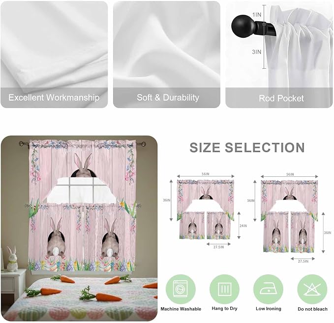 Swag Valance Curtains, Easter Cute Rabbit and Colorful Eggs Rod Pocket Valances - Image 6