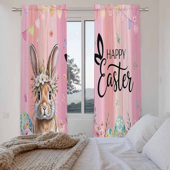 Easter Kitchen Curtains, Spring Rabbit Eggs Flowers Flags Leaves Wood Grain - Image 4