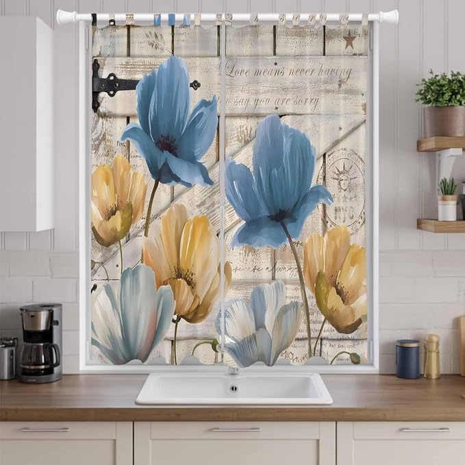 Blue Yellow Tulips Living Room Curtains 84 Inch Length, Window Curtains Tab Top - Image 9