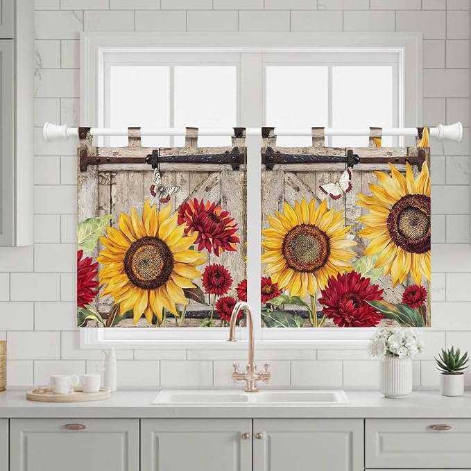 Sunflowers Kitchen Curtains 36 Inch Length, Small Window Curtains Tab Top - Image 3