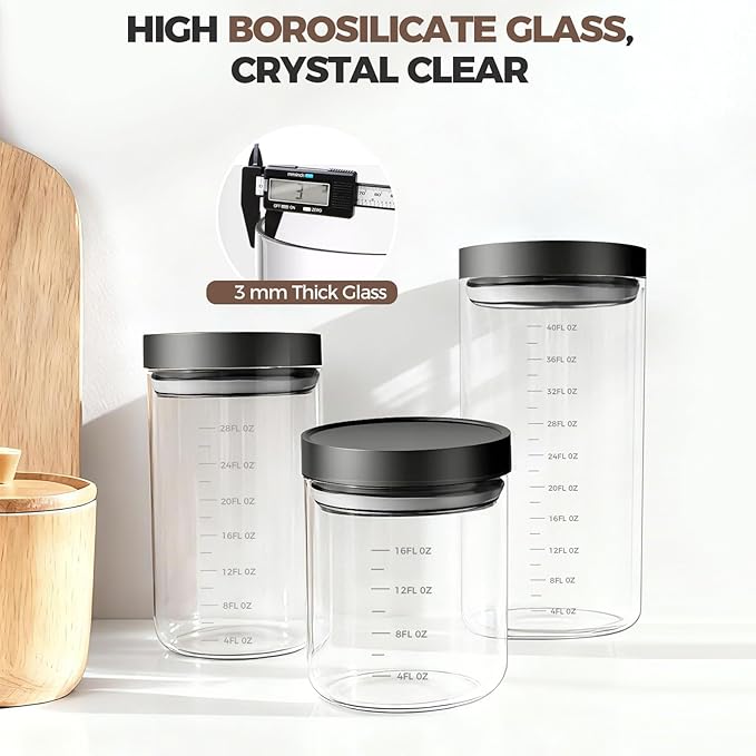 Danbark Set of 3 42oz Airtight Glass Storage Canisters with Lids - Pantry Organizers and Storage Glass for Kitchen - for Pantry, Flour, Sugar, Coffee, Tea, Pasta, Rice, and Snacks - Black