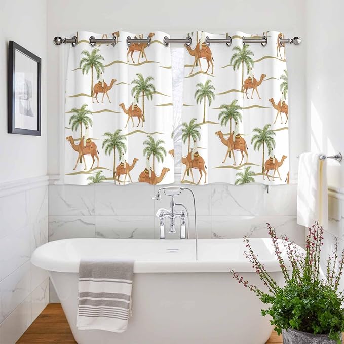 2 Panel Kitchen Cafe Curtains, Desert Camels Sunlight Filtering Nature Air - Image 3