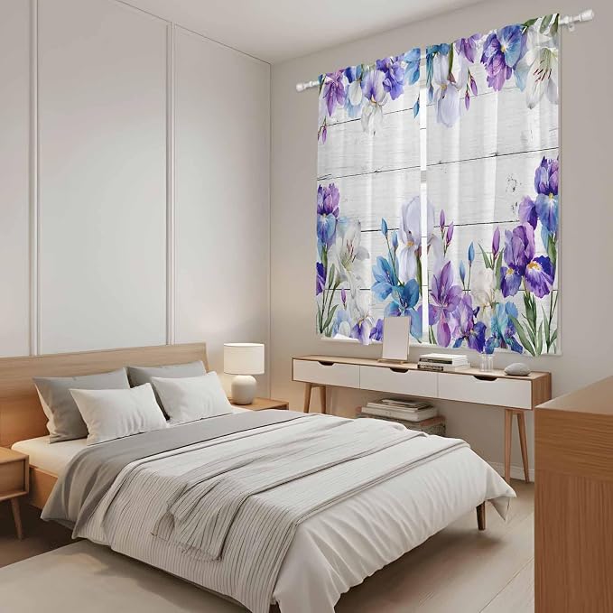 Spring Flowers Kitchen Curtains, Watercolor Garden Florals Wooden Grain Light - Image 4