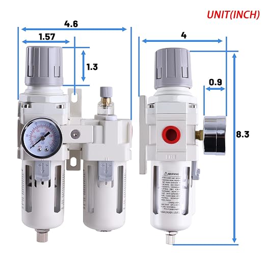 3/8 Inch NPT Compressed Air Filter Regulator Lubricator Combo, Water Oil Trap - Image 2