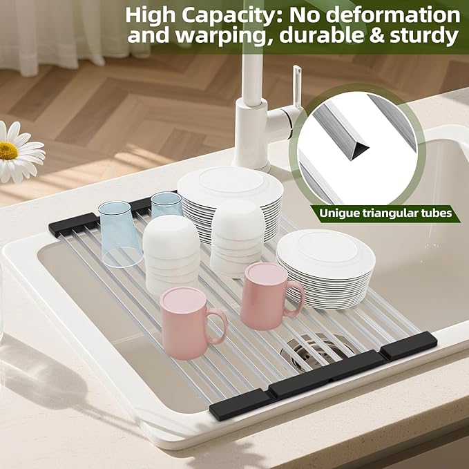 GAViA Roll Up Dish Drying Rack Over The Sink Drying Rack Stainless Steel Sink Drying Rack Kitchen Dishes Drying Mat Foldable Dish Drainer Rack Kitchen Sink Organizer Accessories