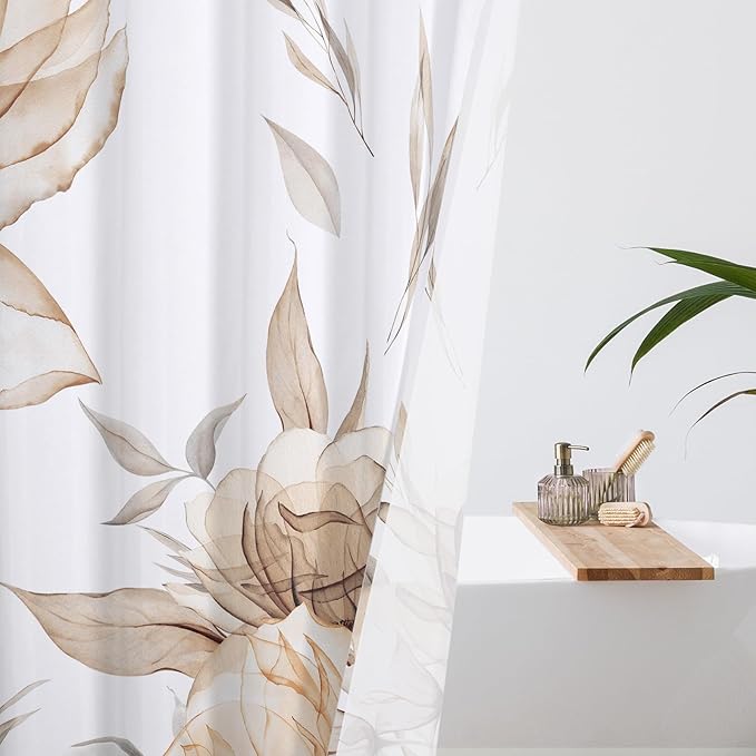 Light Brown and Grey Boho Watercolor Floral Shower Curtain, Ink Painting Style Blossom & Leaf Shower Curtains for Chic Elegant Bathroom, Artistic Tan Fabric Flower Shower Curtain, 72x72