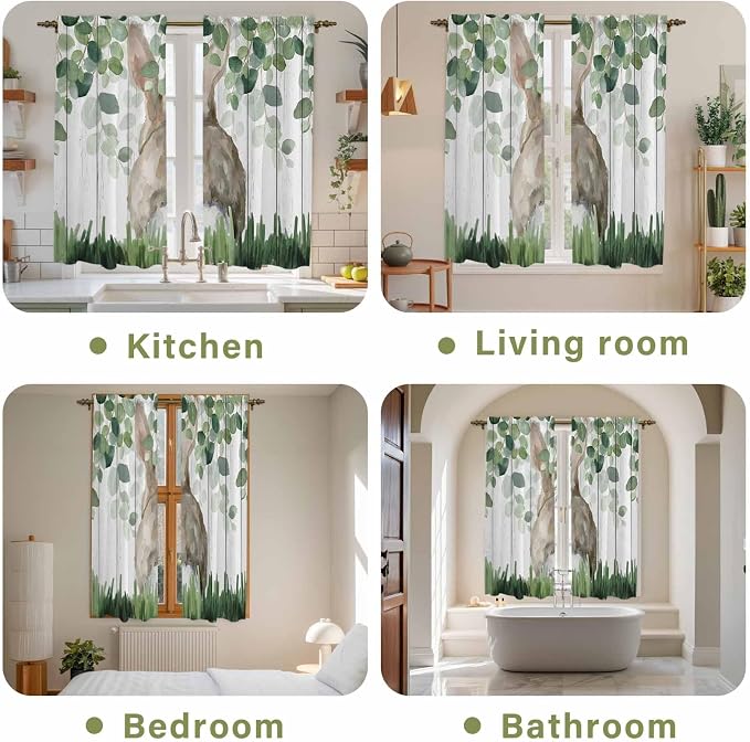 Easter Kitchen Curtains, Country Rabbit Botanical Leaves Wooden Grain Light - Image 8