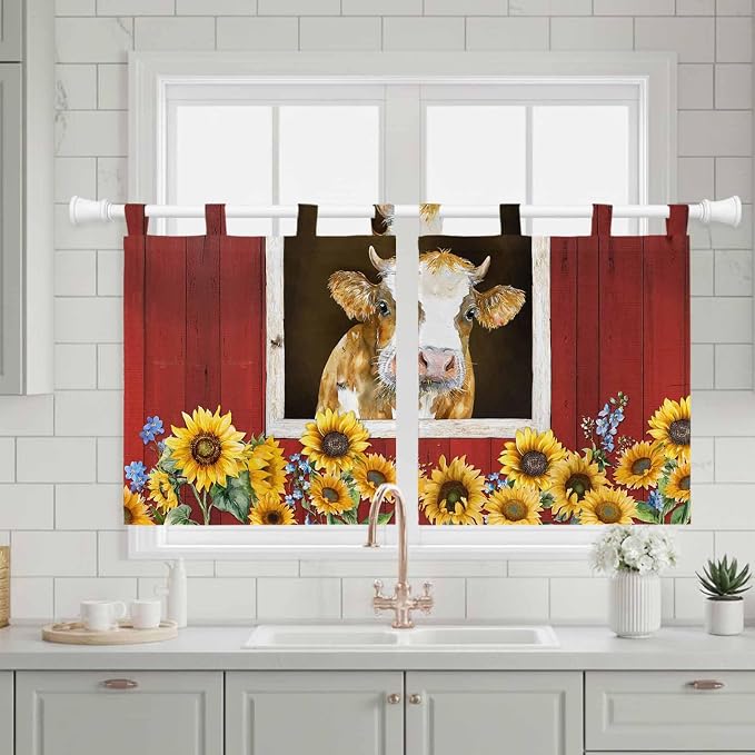 Cows Sunflowers Kitchen Curtains 24 Inch Length, Small Window Curtains Tab Top - Image 3