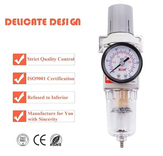 RIH 1/4" NPT Compressed Air Filter Regulator Combo Piggyback, 5 Micron Brass - Image 4