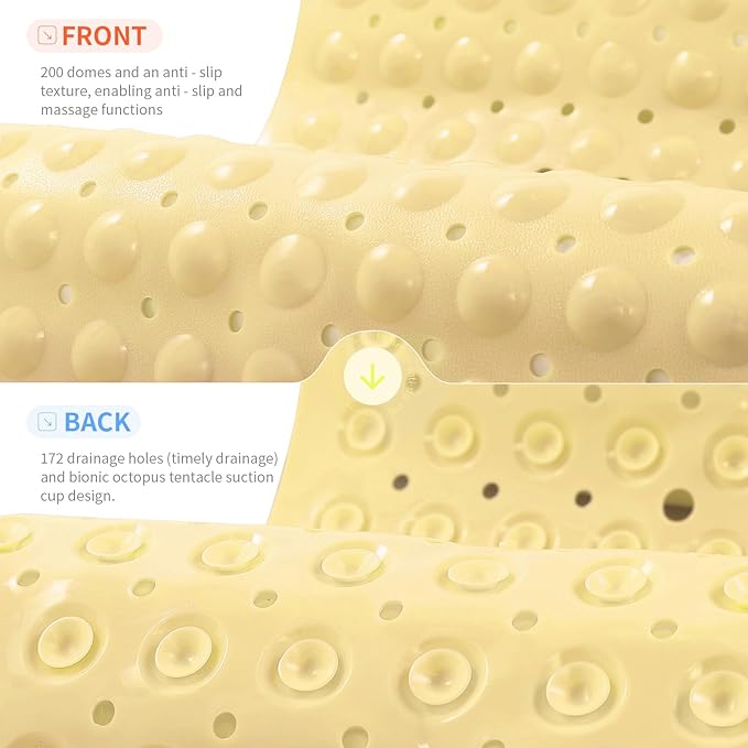 Anti-Slip Bathtub Shower mat, 39.3×15.7 inch（Approximately 100 × 40cm） Soft Oversized Machine Washable Non-Slip Bathtub mat with Drainage Holes, Bathroom Floor Suction Cup.（1-Opaque Light Yellow）