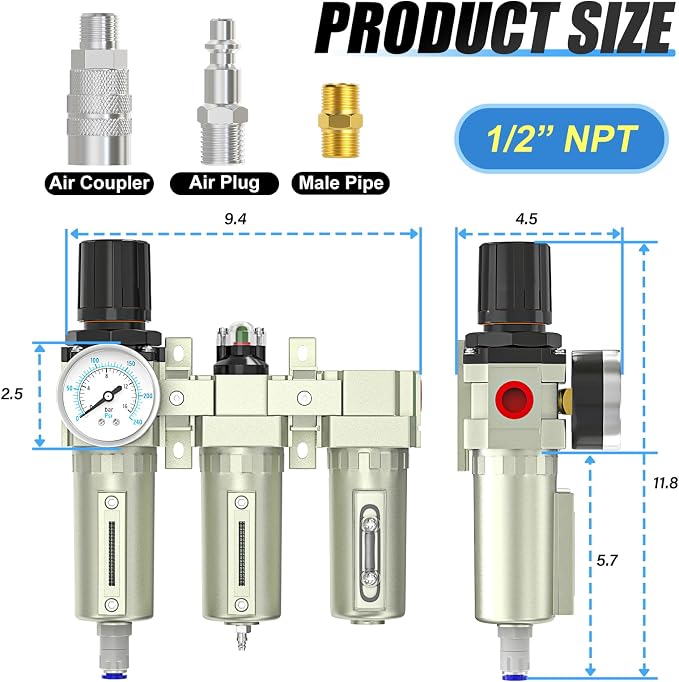 1/2" NPT Heavy Duty Industrial Grade 3 Stage Air Drying System, Auto Drain - Image 2