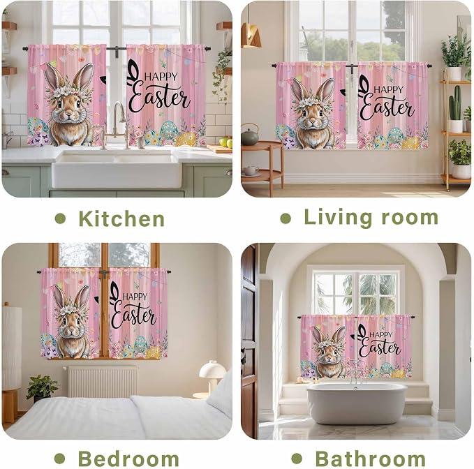 Easter Tier Curtains, Spring Rabbit Eggs Flowers Flags Leaves Wood Grain Light - Image 8