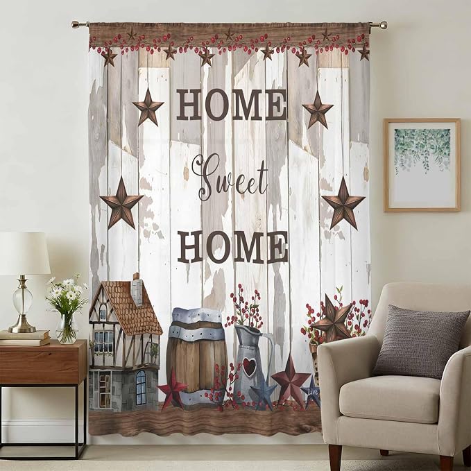 Farmhouse Sheer Curtains 45 Inch Length Retro Country Star Berry Vintage Wood - Image 3