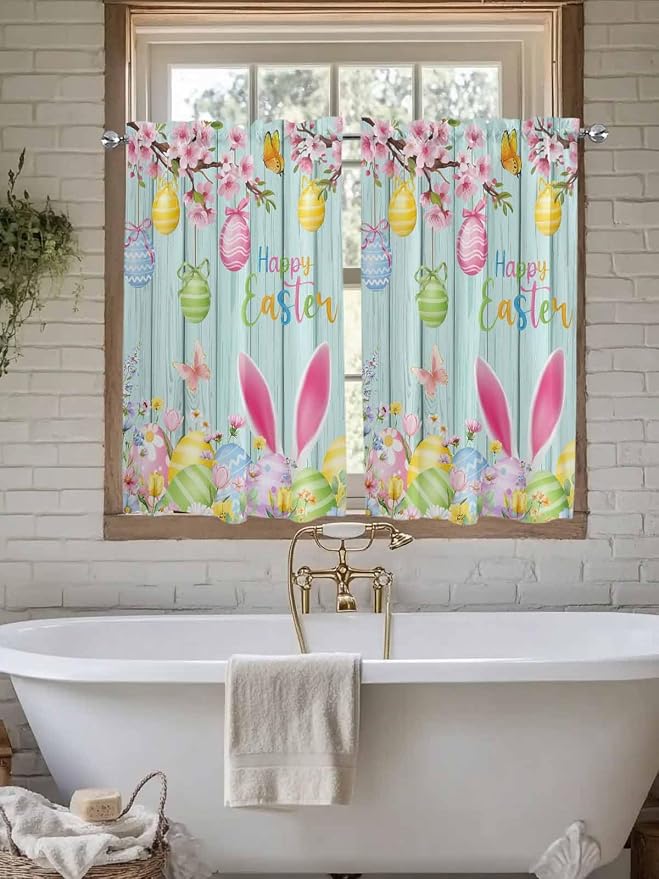 Happy Easter Kitchen Curtains 54 Inches Length, Spring Bunny Eggs Flower Teal - Image 7