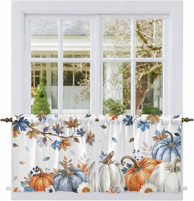 Navy Blue Pumpkin Fall Kitchen Tier Curtains 36 Inch Long 2 Panel Set, Rod - Image 2