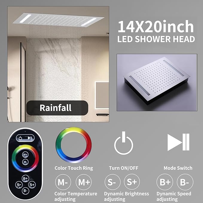 Shower System Brushed Nickel Temperature Display Shower Faucet Set, 14X20 inch Ceiling Mounted Shower Head, with 6 PCS Body Jet and Handheld Spray