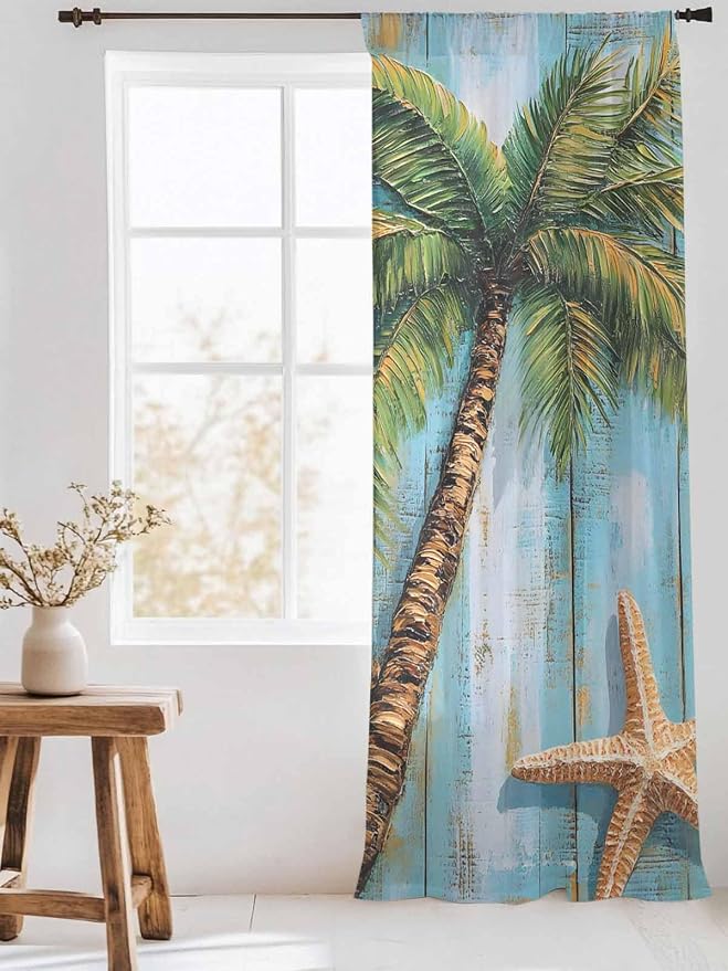 Sheer Curtains 84 Inches Long, Coastal Beach Tree Semi Sheer Curtains Light - Image 3