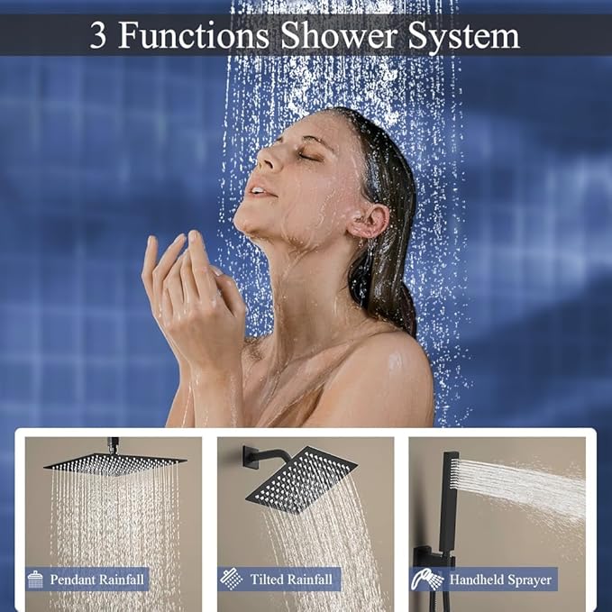 Shower Faucet Set Matte Black Shower System, Knob Switch Diverter Shower Faucet with High Pressure Handheld Spray, Ceiling Mount 10 Inch Shower Head with 6 Inch Wall Mount Shower Head