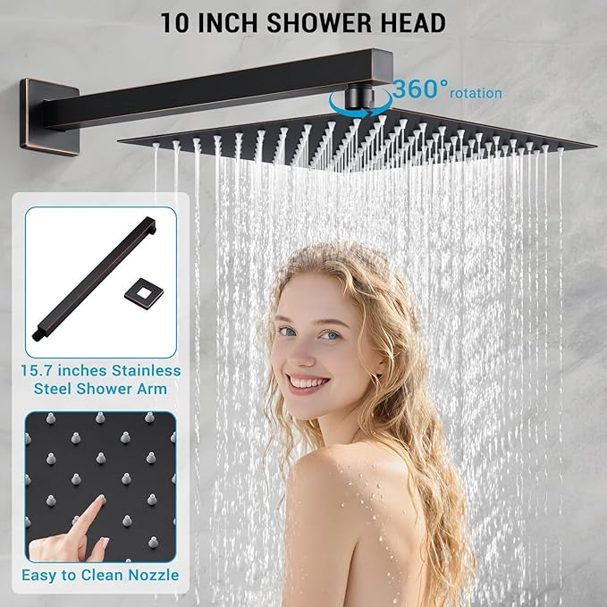 Rain Shower Faucet Set Wall Mounted Rainfall with Tub Spout Shower Head System Rough-in Valve Body and Trim Included Oil Rubbed Bronze (10 Inches)