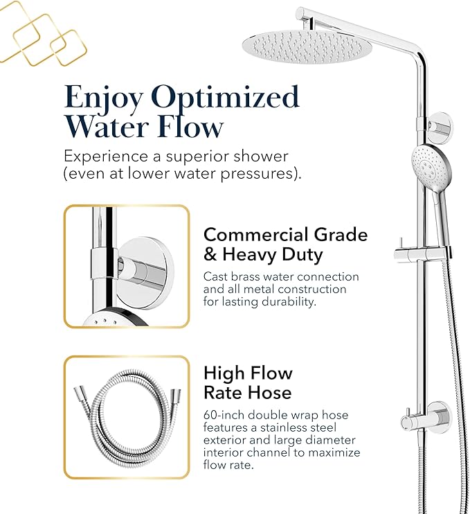 BATH ROYALE Rain Shower Head & Detachable Handheld Spray Combo, Easy Install & 3 Spray Modes, Brushed Nickel