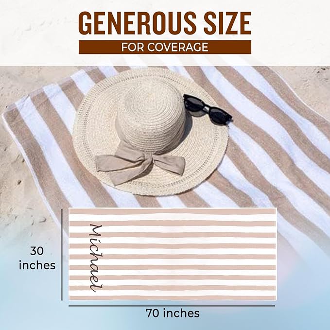 Personalized Passion Beach Towels for Adults - Custom Pool Towels with Name - Highly Absorbent Cotton - Striped Design for Women & Men - Large 70x30 Bath Sheet for Hotel, Swim & Camping - Beige