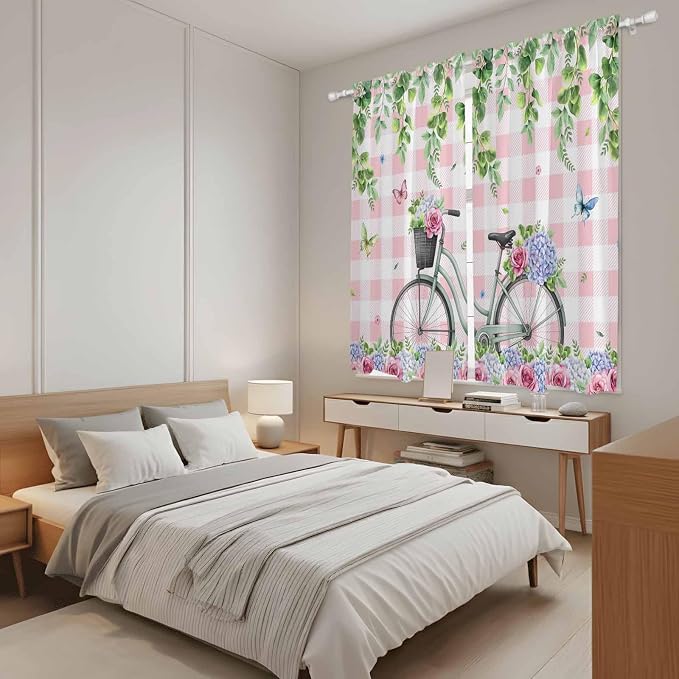 Spring Kitchen Curtains, Bicycles Leaves Butterfly Flowers Pink Buffalo Plaid - Image 4