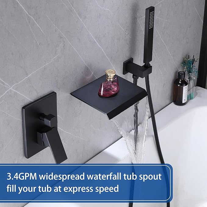 Taplong Wall Mount Tub Faucet with Waterfall Tub Spout Wall Mounted Tub Filler with Handheld Sprayer Black Bathtub Faucet Solid Brass Single Handle Shower Faucet Set with High Flow Rough in Valve
