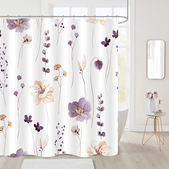Gibelle Long Shower Curtain 72 x 78, Watercolor Floral Fabric Shower Curtain, Plum Beige Flower Decorative Bathroom Shower Curtain Set