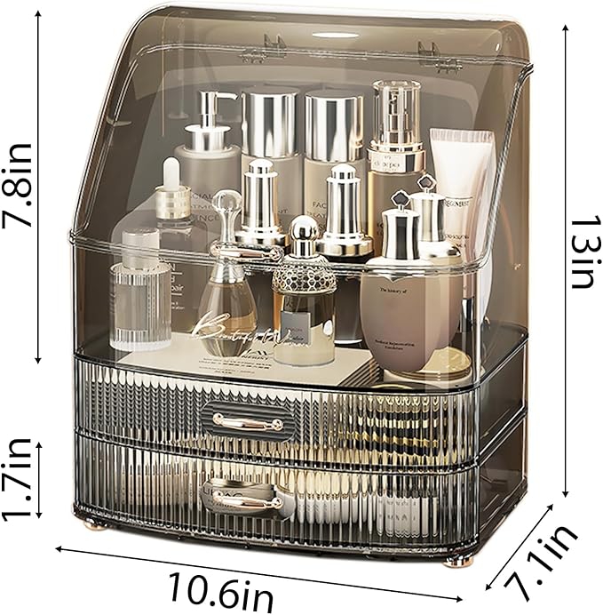 Makeup Organizer Countertop Vanity with Transparent Lid Drawers Waterproof Dustproof Cosmetic Skincare Bathroom Storage Gift for Women Teens Girls (Clear Black)