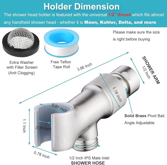 Shower Head Holder All Metal Adjustable Handheld Shower Arm Mount, 1/2" Shower Hose Holder Fits Most Hand Showerheads, Brass Hand Held Shower Head Holder , Easy to Install(Brushed Nickel)