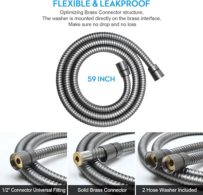 Shower Hose Extra Long 59 Inches Handheld Shower Head Hose with Brass Insert and Nut - Durable and Flexible - Gray