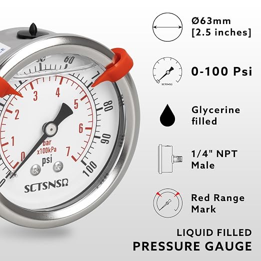 0 to 100 Psi Pressure Gauge, Glycerin Liquid Filled, 2.5 inch Dial, 1/4" NPT - Image 2