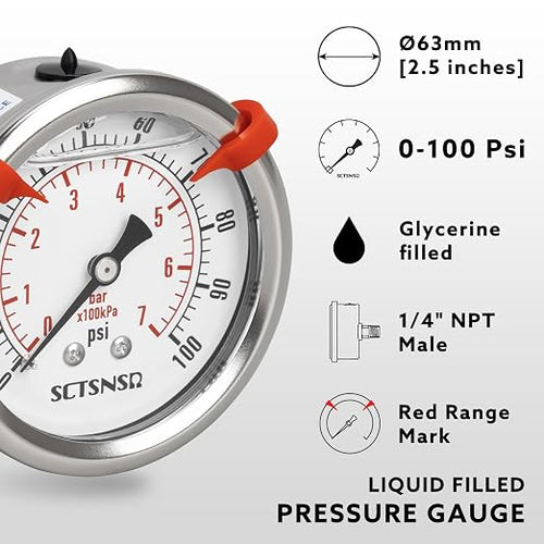 0 to 100 Psi Pressure Gauge, Glycerin Liquid Filled, 2.5 inch Dial, 1/4" NPT - Image 2