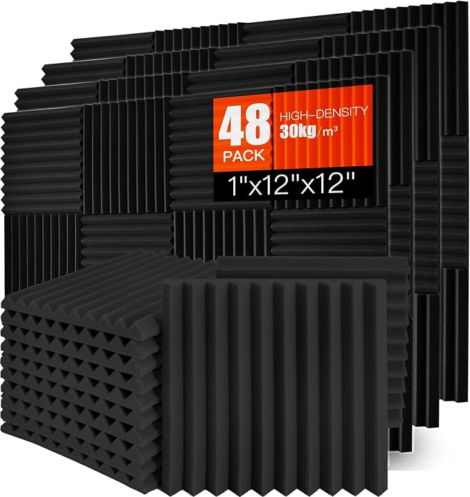 Acoustic Foam Panels 48 Pack 1" x 12"x 12" Saiqiang Black Soundproofing Panels by Saiqiang
