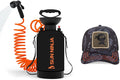 SUN NINJA Portable Shower Bundle with Trucker Hat, 5L Pressurized Outdoor Shower with 7-Mode Spray, Neoprene Cover for Warmer Water, Breathable Mesh Sun Protection, Easy to Carry