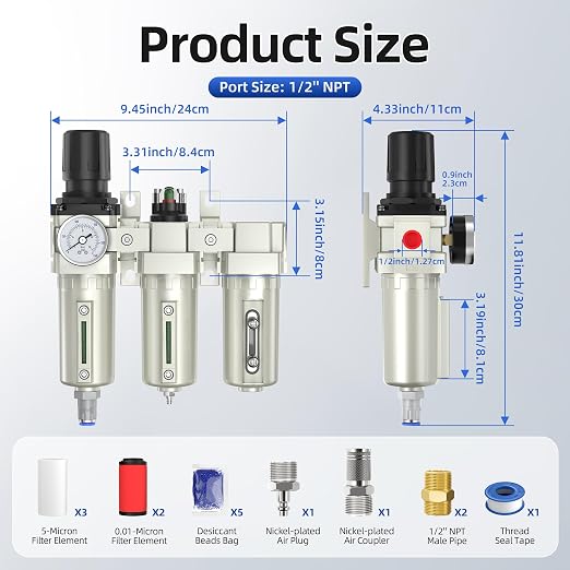 1/2" NPT Air Compressor Water Separator, Industrial Grade 3 Stage Air Drying - Image 2