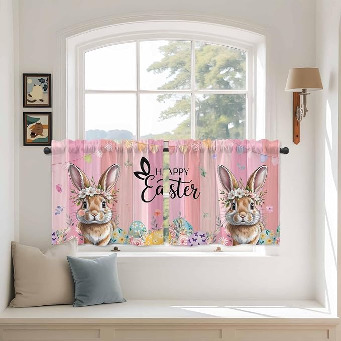 Easter Tier Curtains, Spring Rabbit Eggs Flowers Flags Leaves Wood Grain Light - Image 3