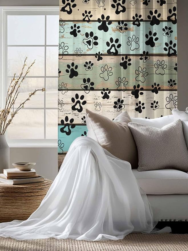 Sheer Curtains 72 Inches Long, Sage Green Brown Paw Prints Semi Sheer Curtains - Image 4