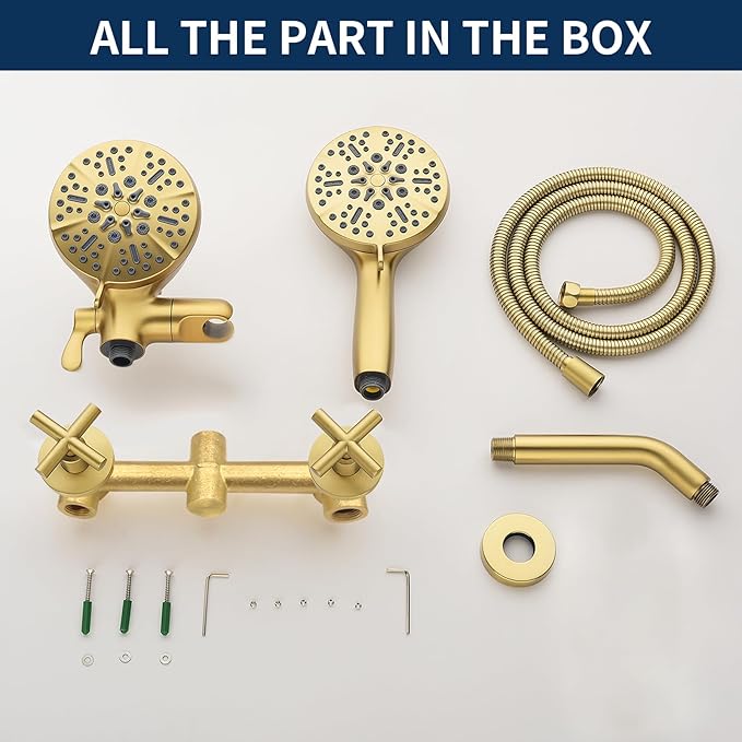 2 Handle Shower Faucet Shower System Complete 2 in 1 Shower Combo Set with Handheld Showerhead Shower Trim Kit Wall Mounted Shower Fixtures Brushed Gold
