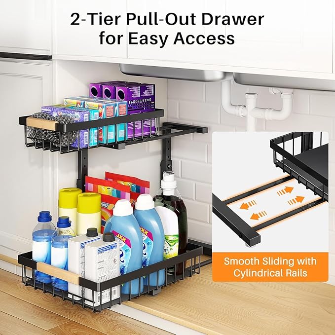 PXRACK 1 Pack Under Sink Organizer,Adjustable Height,2 Tier Pull Out Under Cabinet Organizer,Slide Out Thickened Metal Under Sink Storage for Kitchen Bathroom Laundry Cabinet Pantry,Black(S)