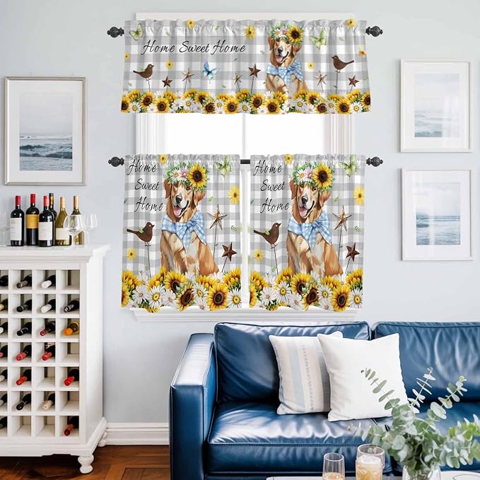 Kitchen Curtains Tiers and Valance Set of 3, Sunflowers Dog Light Filtering - Image 6