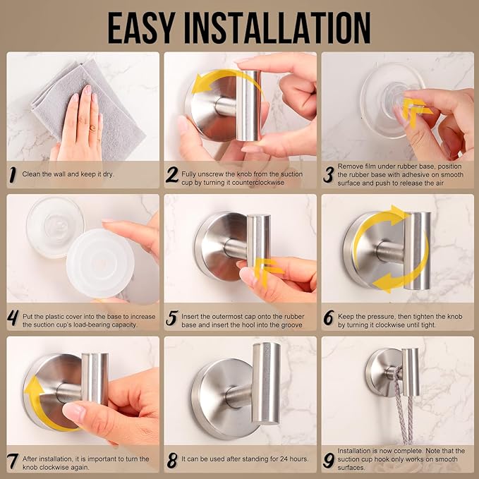 Suction Cup Hook for Shower, 16 Pack Wall Mount Towel Holder, Removable Towel Hook - Stainless Steel No Drill Hook for Bathroom Window Glass Door Wall Home Kitchen Brushed Silver