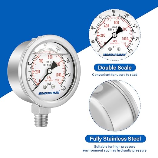 MEASUREMAN Fully Stainless Steel Hydraulic Glycerin Filled Pressure Gauge - Image 4