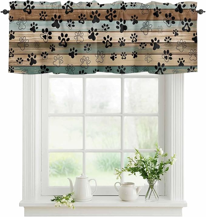 Dog Paws Valance Curtains for Kitchen, Teal Brown Wood Grain Privacy Rod Pocket by LaBLUUX