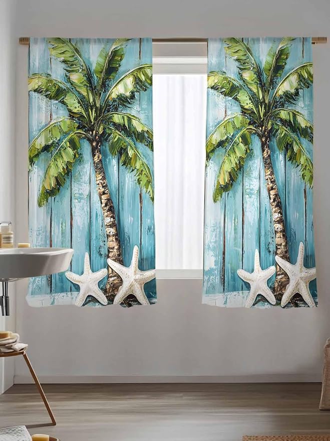 Sheer Curtains 63 Inch Length, Coastal Beach Starfish Semi Sheer Curtains Light - Image 5
