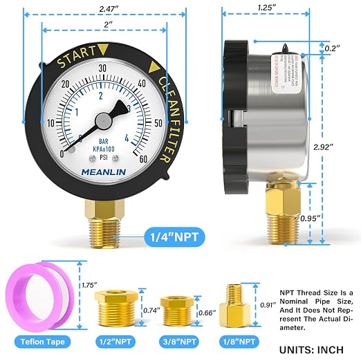 MEANLIN MEASURE 0~60Psi Stainless Steel Start and Clean Filter Pressure Gauge - Image 2
