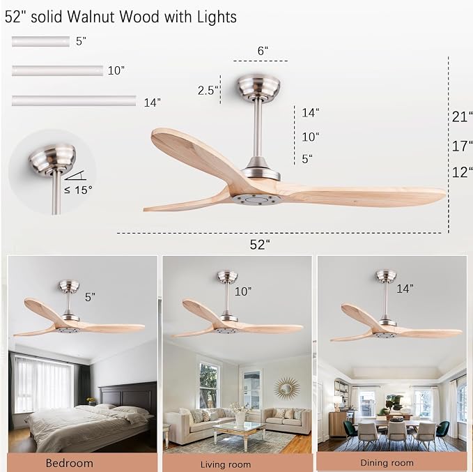 QUTWOB 52" Wood Ceiling Fan No Lights - Image 2